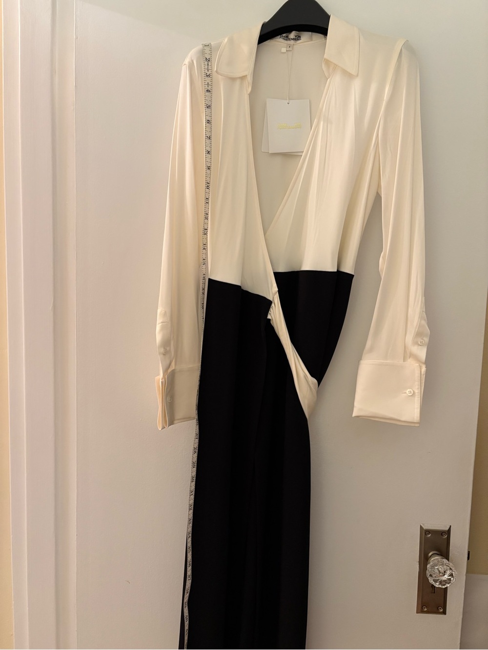 Diane Von Furstenberg Two-Tone Cream & Black Long Sleeve Wrap Dress